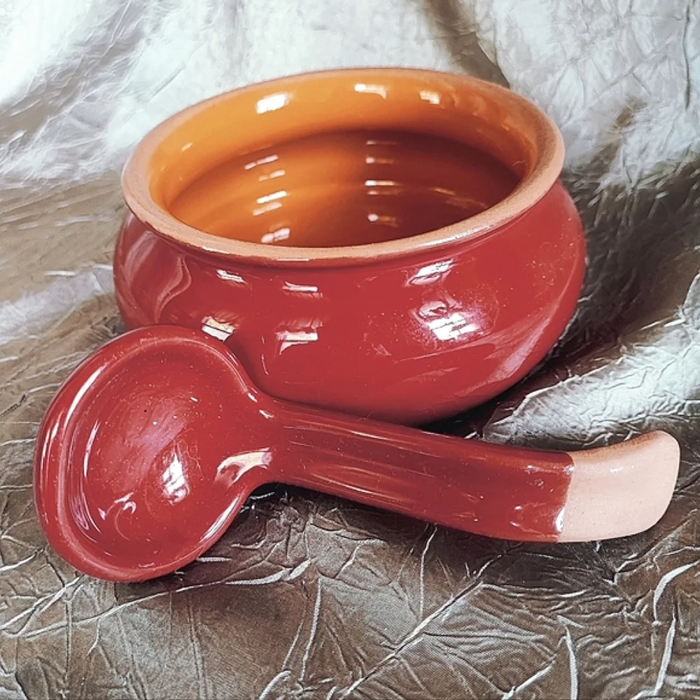 Crate & Barrel Brand Salsa Chili Guacamole Terra Cotta Bowl Ladle 2 Pieces NEW